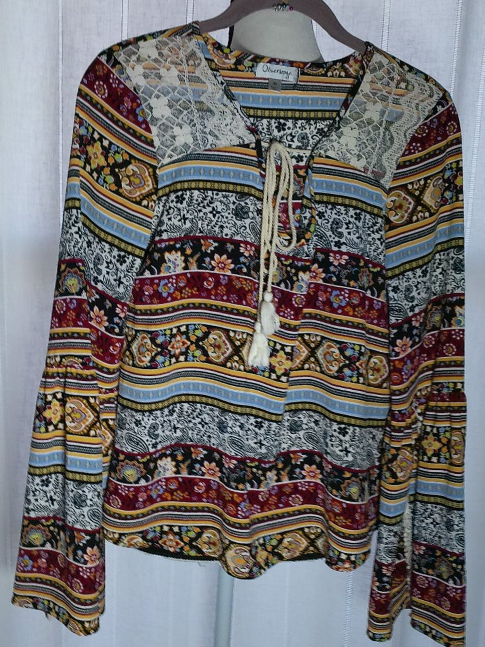 OLSENBOYE NWOT Long Sleeve Tie V-Neck Patchwork Stripes Blouse M